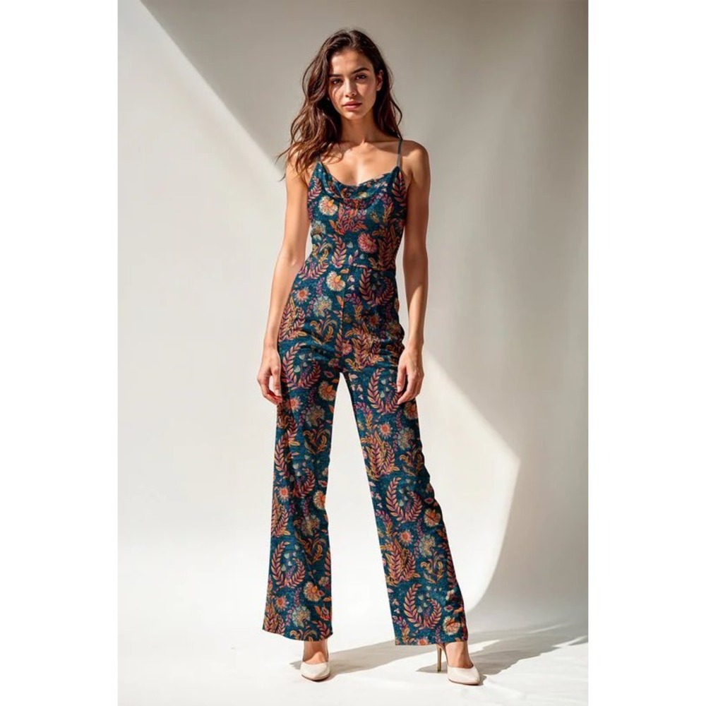 Averie Floral Wide Leg Jumpsuit Teal Orange Botanical Boho V-Neck Large